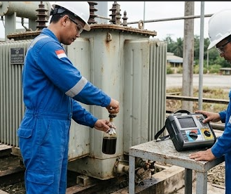 Teknisi PT Borneo Energi Bersaudara BDV test breakdown voltage trafo distribusi lapangan