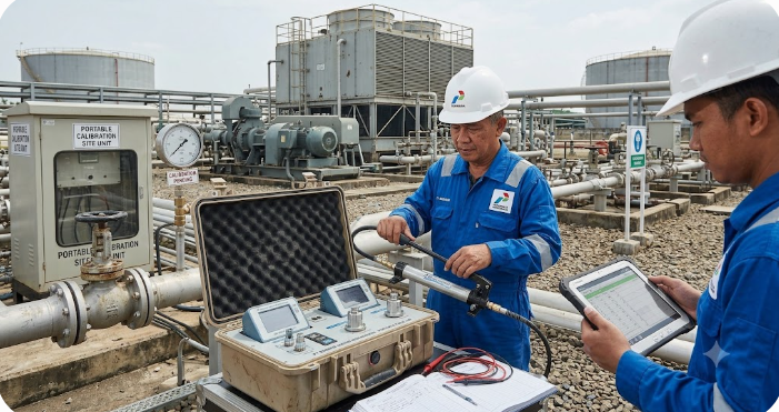 Kalibrasi flow meter level transmitter on-site PKS kelapa sawit kilang Kalimantan Timur