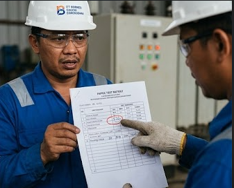 Teknisi PT Borneo Energi Bersaudara mendiskusikan laporan hasil test trafo di site industri Kalimantan