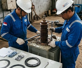 Tim PT Borneo Energi Bersaudara melakukan overhaul trafo penggantian bushing HV