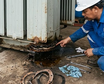 Trafo bocor minyak isolasi gasket rusak inspeksi PT Borneo Energi Bersaudara