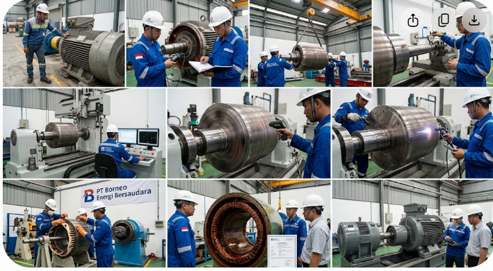 Workshop PT Borneo Energi Bersaudara dynamic balancing rotor rewinding motor listrik HV repair shaft Kalimantan